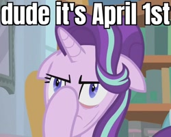 Size: 820x659 | Tagged: safe, edit, edited screencap, screencap, character:starlight glimmer, species:pony, species:unicorn, episode:a horse shoe-in, g4, my little pony: friendship is magic, april fools, bookshelf, caption, cropped, facehoof, faec, female, floppy ears, great moments in animation, image macro, mare, meme, reaction image, solo, text, why the long face