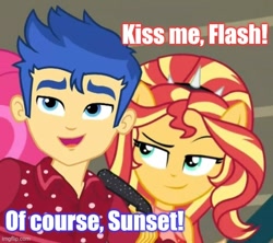 Size: 562x500 | Tagged: safe, edit, edited screencap, screencap, character:flash sentry, character:sunset shimmer, ship:flashimmer, episode:cheer you on, g4, my little pony: equestria girls, my little pony:equestria girls, spoiler:eqg series (season 2), caption, cropped, female, image macro, male, meme, shipping, straight, text