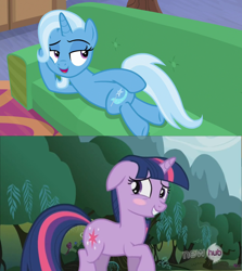 Size: 1280x1436 | Tagged: safe, edit, edited screencap, screencap, character:trixie, character:twilight sparkle, character:twilight sparkle (unicorn), species:pony, species:unicorn, ship:twixie, episode:magic duel, episode:on the road to friendship, g4, my little pony: friendship is magic, blushing, draw me like one of your french girls, female, lesbian, shipping, shipping domino