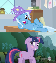 Size: 1280x1436 | Tagged: safe, edit, edited screencap, screencap, character:trixie, character:twilight sparkle, character:twilight sparkle (unicorn), species:pony, species:unicorn, ship:twixie, episode:a horse shoe-in, episode:magic duel, g4, my little pony: friendship is magic, blushing, draw me like one of your french girls, female, lesbian, shipping, shipping domino