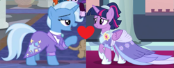 Size: 843x330 | Tagged: safe, edit, edited screencap, screencap, character:trixie, character:twilight sparkle, character:twilight sparkle (alicorn), species:alicorn, species:pony, ship:twixie, episode:the last problem, g4, my little pony: friendship is magic, clothing, coronation dress, cropped, dress, female, heart, lesbian, second coronation dress, shipping, shipping domino