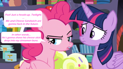 Size: 2000x1125 | Tagged: safe, edit, edited screencap, screencap, character:pinkie pie, character:twilight sparkle, character:twilight sparkle (alicorn), species:alicorn, species:earth pony, species:pony, episode:the last problem, g4, my little pony: friendship is magic, box, caption, dialogue, dishes, female, horn, image macro, implied cheese sandwich, innuendo, mare, party cave, present, shelf, speech bubble, text, vulgar, whispering, wings