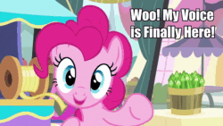 Size: 1280x720 | Tagged: safe, edit, edited screencap, screencap, character:pinkie pie, episode:pinkie pride, g4, my little pony: friendship is magic, aivo, animated, avo, caption, fifteen.ai, image macro, looking at you, smiling, sound, text, webm