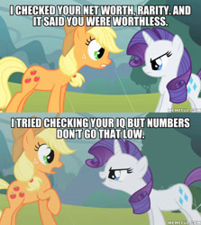 Size: 600x674 | Tagged: safe, edit, edited screencap, screencap, character:applejack, character:rarity, species:earth pony, species:pony, species:unicorn, episode:look before you sleep, g4, my little pony: friendship is magic, caption, duo, female, image macro, insult, mare, memeful.com, roasted, text