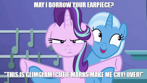 Size: 480x270 | Tagged: safe, edit, edited screencap, screencap, character:starlight glimmer, character:trixie, episode:all bottled up, g4, my little pony: friendship is magic, animated, caption, cute, diatrixes, floppy ears, gif, meme, rainbows make me cry, reference, scout, spy, starlight is not amused, team fortress 2, trixie's puppeteering, unamused