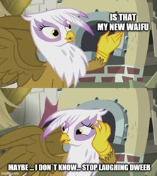 Size: 500x562 | Tagged: safe, edit, edited screencap, screencap, character:gilda, species:griffon, episode:the lost treasure of griffonstone, g4, my little pony: friendship is magic, caption, female, image macro, meme, solo, text