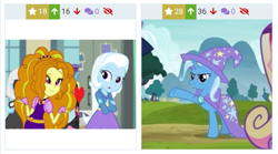 Size: 1039x579 | Tagged: safe, edit, edited screencap, screencap, character:adagio dazzle, character:photo finish, character:princess cadance, character:trixie, species:pony, species:unicorn, derpibooru, ship:triagio, episode:on the road to friendship, equestria girls:forgotten friendship, equestria girls:rainbow rocks, g4, my little pony: equestria girls, my little pony:equestria girls, cropped, female, heart, juxtaposition, lesbian, mare, meta, pixel pizazz, shipping, shipping domino