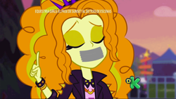 Size: 1920x1080 | Tagged: safe, edit, edited screencap, screencap, character:adagio dazzle, equestria girls:sunset's backstage pass, g4, my little pony: equestria girls, my little pony:equestria girls, spoiler:eqg series (season 2), bracelet, clothing, discovery kids, finger, gag, gagged edit, jacket, jewelry, spanish, tape, tape gag