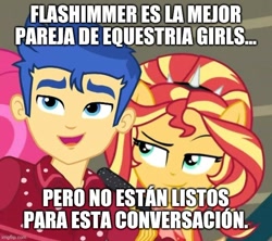Size: 640x569 | Tagged: safe, edit, edited screencap, screencap, character:flash sentry, character:sunset shimmer, ship:flashimmer, episode:cheer you on, g4, my little pony: equestria girls, my little pony:equestria girls, spoiler:eqg series (season 2), caption, cropped, female, image macro, male, meme, shipping, spanish, straight, text, translated in the comments
