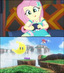 Size: 720x821 | Tagged: safe, edit, edited screencap, screencap, character:fluttershy, episode:game stream, g4, my little pony: equestria girls, my little pony:equestria girls, spoiler:eqg series (season 2), cropped, cute, fluttershy plays, mario, nintendo, nintendo switch, playing video games, power moon, super mario bros., super mario odyssey, tongue out, video game