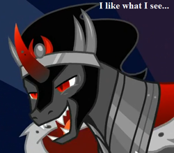 Size: 508x444 | Tagged: safe, edit, edited screencap, screencap, character:king sombra, species:pony, species:unicorn, episode:the beginning of the end, g4, my little pony: friendship is magic, caption, cropped, funny, funny face, image macro, male, solo, text