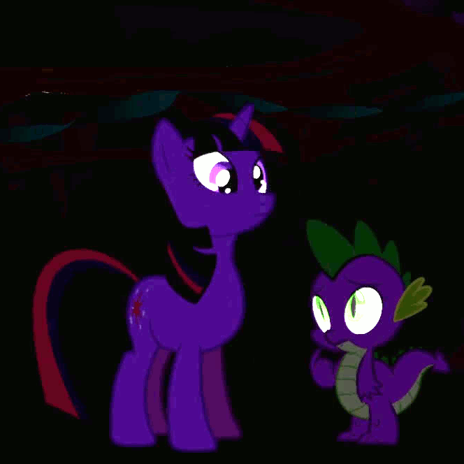 Size: 664x664 | Tagged: safe, edit, screencap, character:spike, character:twilight sparkle, character:twilight sparkle (unicorn), species:dragon, species:pony, species:unicorn, episode:friendship is magic, g4, my little pony: friendship is magic, animated, anonymous editor, brightness and contrast edit, cropped, gif, golden oaks library