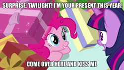 Size: 1080x608 | Tagged: safe, edit, edited screencap, screencap, character:pinkie pie, character:twilight sparkle, character:twilight sparkle (alicorn), species:alicorn, species:pony, ship:twinkie, episode:the great escape room, caption, female, image macro, lesbian, meme, present, shipping, text