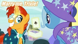 Size: 739x415 | Tagged: safe, edit, edited screencap, screencap, character:sunburst, character:trixie, ship:trixburst, episode:uncommon bond, g4, my little pony: friendship is magic, caption, card, female, grin, image macro, male, marriage proposal, shipping, smiling, straight, text