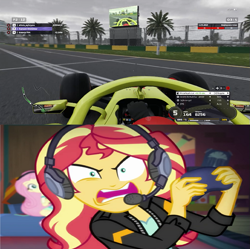 Size: 657x654 | Tagged: safe, edit, edited screencap, screencap, character:fluttershy, character:sunset shimmer, episode:game stream, g4, my little pony: equestria girls, my little pony:equestria girls, spoiler:eqg series (season 2), formula 1, formula 1 2019, game, rage, shimmercode, sunset shimmer frustrated at game