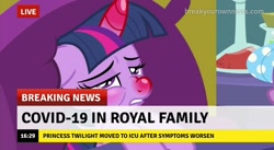Size: 718x394 | Tagged: safe, edit, edited screencap, screencap, character:twilight sparkle, character:twilight sparkle (alicorn), species:alicorn, species:pony, episode:ail-icorn, spoiler:interseason shorts, bed, boris johnson, break your own news, breaking news, coronavirus, covid-19, female, horn, pillow, red nosed, sick, sicklight sparkle, solo, swollen horn, too soon, we are going to hell