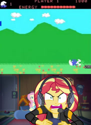 Size: 700x966 | Tagged: safe, edit, edited screencap, screencap, character:fluttershy, character:sunset shimmer, episode:game stream, g4, my little pony: equestria girls, my little pony:equestria girls, spoiler:eqg series (season 2), atari, gamer sunset, smurfs