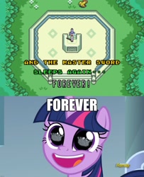 Size: 1920x2360 | Tagged: safe, edit, edited screencap, screencap, character:twilight sparkle, character:twilight sparkle (alicorn), species:alicorn, species:pony, episode:sparkle's seven, g4, my little pony: friendship is magic, crown, dialogue, female, forever, hard-won helm of the sibling supreme, link, mare, master sword, reflection, sword, text, the legend of zelda, the legend of zelda: a link to the past, video game, video game reference, weapon, wide eyes
