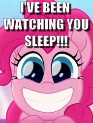 Size: 331x438 | Tagged: safe, edit, edited screencap, screencap, character:pinkie pie, species:earth pony, species:pony, friendship is magic: rainbow roadtrip, g4, my little pony: friendship is magic, adoracreepy, caption, creepy, cropped, cute, female, image macro, looking at you, mare, meme, obsessed, solo, text