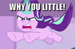 Size: 1033x668 | Tagged: safe, edit, edited screencap, screencap, character:starlight glimmer, species:pony, species:unicorn, episode:the ending of the end, g4, my little pony: friendship is magic, caption, cropped, female, image macro, jumping, mare, meme, solo, text, the simpsons, why you little