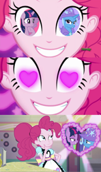 Size: 1280x2160 | Tagged: safe, edit, edited screencap, screencap, character:pinkie pie, character:trixie, character:twilight sparkle, character:twilight sparkle (alicorn), species:alicorn, species:pony, ship:twixie, episode:coinky-dink world, episode:no second prances, eqg summertime shorts, g4, my little pony: equestria girls, my little pony: friendship is magic, my little pony:equestria girls, female, heart eyes, lesbian, meme, pinkie's eyes, shipping, wingding eyes