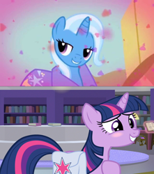 Size: 1280x1448 | Tagged: safe, edit, edited screencap, screencap, character:trixie, character:twilight sparkle, character:twilight sparkle (unicorn), species:pony, species:unicorn, ship:twixie, episode:boast busters, episode:the point of no return, g4, my little pony: friendship is magic, bag, blushing, book, bookshelf, female, lesbian, library, saddle bag, shipping, shipping domino