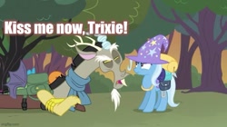 Size: 739x415 | Tagged: safe, edit, edited screencap, screencap, character:discord, character:trixie, episode:to where and back again, g4, my little pony: friendship is magic, caption, female, image macro, male, meme, shipping, straight, text, trixcord