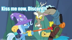 Size: 739x416 | Tagged: safe, edit, edited screencap, screencap, character:discord, character:trixie, episode:to where and back again, g4, my little pony: friendship is magic, caption, female, image macro, male, meme, shipping, straight, text, trixcord, trixie yells at everything