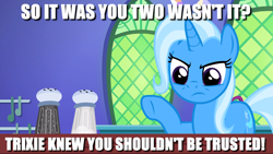 Size: 1024x576 | Tagged: safe, edit, edited screencap, screencap, character:trixie, episode:all bottled up, g4, my little pony: friendship is magic, caption, food, image macro, meme, pepper, salt shaker, text, trixie yells at everything