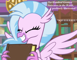 Size: 924x720 | Tagged: safe, edit, edited screencap, screencap, character:silverstream, episode:what lies beneath, g4, my little pony: friendship is magic, book, cropped, cute, diastreamies, irrational exuberance, library, smiling, squee, talking, that hippogriff sure does love stairs