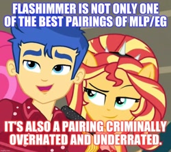 Size: 1080x960 | Tagged: safe, edit, edited screencap, screencap, character:flash sentry, character:sunset shimmer, ship:flashimmer, episode:cheer you on, g4, my little pony: equestria girls, my little pony:equestria girls, spoiler:eqg series (season 2), caption, cropped, female, fun fact, image macro, male, meme, shipping, straight, text