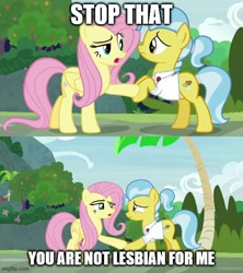 Size: 500x562 | Tagged: safe, edit, edited screencap, screencap, character:doctor fauna, character:fluttershy, species:earth pony, species:pegasus, species:pony, episode:she talks to angel, g4, my little pony: friendship is magic, caption, comic, dialogue, fluttershy gets all the mares, image macro, meme, screencap comic, shipping denied, text