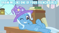 Size: 1280x720 | Tagged: safe, edit, edited screencap, screencap, character:trixie, episode:a horse shoe-in, g4, my little pony: friendship is magic, caption, clothing, draw me like one of your french girls, female, hat, image macro, meme, misleading thumbnail, solo, text, trixie yells at everything, trixie's hat