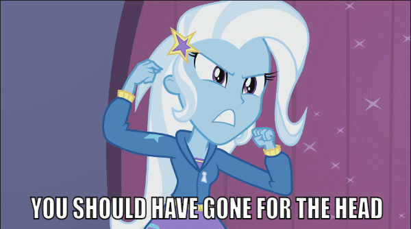 Size: 600x334 | Tagged: safe, edit, edited screencap, screencap, character:trixie, equestria girls:rainbow rocks, g4, my little pony: equestria girls, my little pony:equestria girls, animated, avengers: infinity war, caption, female, finger snap, image macro, meme, solo, text, thanos, trixie yells at everything, you should've gone for the head