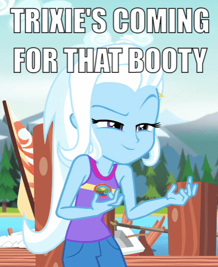 Size: 428x524 | Tagged: safe, edit, edited screencap, screencap, character:trixie, equestria girls:legend of everfree, g4, my little pony: equestria girls, my little pony:equestria girls, animated, butt, caption, cropped, female, gif, grope, image macro, meme, solo, text, trixie yells at everything