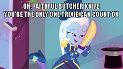 Size: 640x360 | Tagged: safe, edit, edited screencap, screencap, character:trixie, episode:street magic with trixie, g4, my little pony: equestria girls, my little pony:equestria girls, spoiler:eqg series (season 2), caption, clothing, cropped, female, high heels, image macro, magician outfit, meme, shoes, solo, text, trixie yells at everything