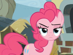 Size: 450x341 | Tagged: safe, edit, edited screencap, screencap, character:pinkie pie, episode:the lost treasure of griffonstone, g4, my little pony: friendship is magic, cropped, female, glare, inverted mouth, looking at you, pinkie pie is not amused, solo, unamused