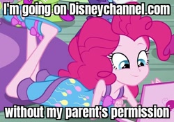 Size: 527x372 | Tagged: safe, edit, edited screencap, screencap, character:pinkie pie, equestria girls:rainbow rocks, g4, my little pony: equestria girls, my little pony:equestria girls, caption, clothing, computer, cropped, disney channel, female, image macro, laptop computer, outfit catalog, pajamas, pure unfiltered evil, sleeveless, slippers, solo, text