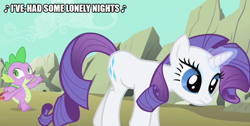 Size: 992x500 | Tagged: safe, edit, edited screencap, screencap, character:rarity, character:spike, species:dragon, species:pony, species:unicorn, ship:sparity, episode:a dog and pony show, g4, my little pony: friendship is magic, caption, female, image macro, june pointer, little boy sweet, magic, male, national lampoon's vacation, shipping, singing, song, straight, text