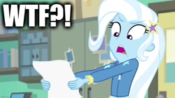 Size: 1280x720 | Tagged: safe, edit, edited screencap, screencap, character:trixie, equestria girls:forgotten friendship, g4, my little pony: equestria girls, my little pony:equestria girls, caption, image macro, meme, text, trixie yells at everything, wtf