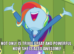 Size: 750x550 | Tagged: safe, edit, edited screencap, screencap, character:trixie, episode:best trends forever, g4, my little pony: equestria girls, my little pony:equestria girls, awesome, best trends forever: rainbow dash, caption, cropped, female, great and powerful, image macro, meme, multicolored hair, nose in the air, palette swap, rainbow hair, recolor, solo, text, trixie yells at everything
