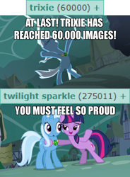 Size: 640x870 | Tagged: safe, edit, edited screencap, screencap, character:trixie, character:twilight sparkle, character:twilight sparkle (unicorn), species:pony, species:unicorn, derpibooru, episode:magic duel, g4, my little pony: friendship is magic, bipedal, caption, comic, condescending, dialogue, female, image macro, lightning, mare, meme, meta, screencap comic, tags, text, trixie yells at everything