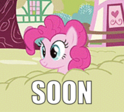 Size: 399x360 | Tagged: safe, edit, edited screencap, screencap, character:pinkie pie, episode:too many pinkie pies, g4, my little pony: friendship is magic, caption, cropped, female, image macro, solo, soon, text