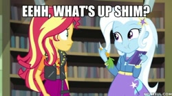 Size: 600x337 | Tagged: safe, edit, edited screencap, screencap, character:sunset shimmer, character:trixie, equestria girls:forgotten friendship, g4, my little pony: equestria girls, my little pony:equestria girls, bugs bunny, caption, carrot, food, image macro, looney tunes, meme, roleplaying, text, trixie yells at everything