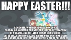 Size: 1920x1080 | Tagged: safe, edit, edited screencap, screencap, character:gallus, character:ocellus, character:sandbar, character:silverstream, character:smolder, character:yona, species:changedling, episode:the ending of the end, g4, my little pony: friendship is magic, caption, christianity, easter, excessive exclamation marks, happy easter, holiday, image macro, implied coronavirus, jesus christ, religion, student six, text