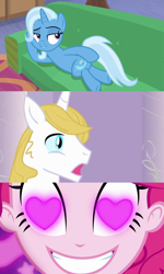 Size: 1200x1996 | Tagged: safe, edit, edited screencap, screencap, character:pinkie pie, character:prince blueblood, character:trixie, ship:bluetrix, episode:coinky-dink world, episode:on the road to friendship, eqg summertime shorts, g4, my little pony: equestria girls, my little pony:equestria girls, couch, draw me like one of your french girls, female, heart eyes, male, meme, pinkie's eyes, shipping, shipping domino, straight, wingding eyes