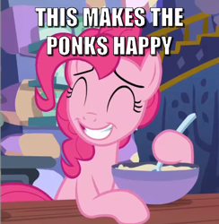 Size: 670x687 | Tagged: safe, edit, edited screencap, screencap, character:pinkie pie, episode:every little thing she does, g4, my little pony: friendship is magic, bowl, caption, cropped, cute, diapinkes, eyes closed, female, image macro, meme, mixing bowl, smiling, solo, text