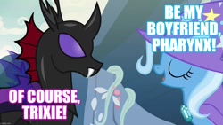 Size: 1280x720 | Tagged: safe, edit, edited screencap, screencap, character:pharynx, character:trixie, episode:to change a changeling, g4, my little pony: friendship is magic, caption, female, image macro, male, meme, phartrix, shipping, straight, text, trixie yells at everything