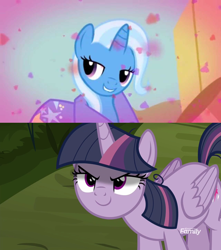 Size: 1280x1448 | Tagged: safe, edit, edited screencap, screencap, character:mean twilight sparkle, character:trixie, character:twilight sparkle, ship:twixie, episode:boast busters, episode:the mean 6, g4, my little pony: friendship is magic, female, lesbian, mean twixie, shipping, shipping domino