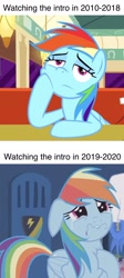 Size: 804x1791 | Tagged: safe, edit, edited screencap, screencap, character:rainbow dash, species:pegasus, species:pony, episode:parental glideance, episode:the saddle row review, g4, my little pony: friendship is magic, bored, crying, end of ponies, female, floppy ears, in-universe pegasister, lip bite, locker room, mare, meme, restaurant, sad, solo